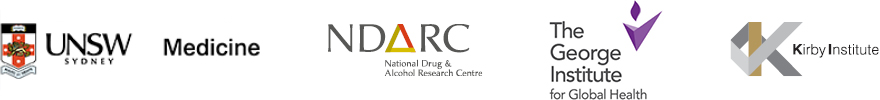 Logos of UNSW Medicine, NDARC, The George Institute and Kirby Institute