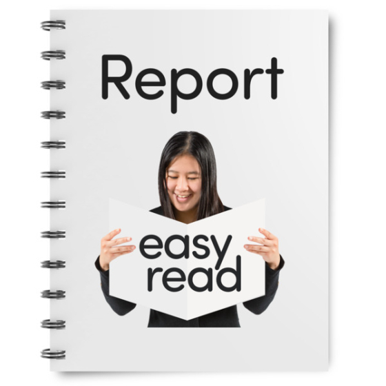 Report book with an image of a women reading a book with the title "easy read" on the cover. Credit: Photosymbols