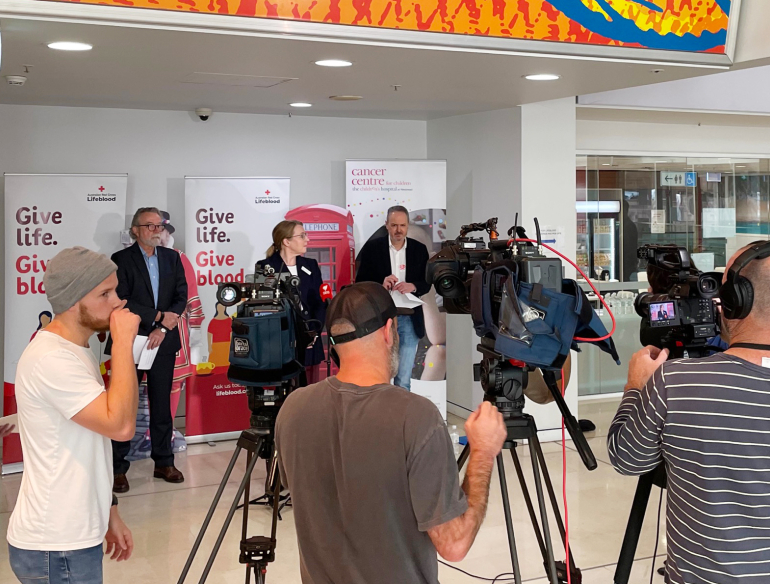 Professor Matthew Law speaking to media about the lifting of the "mad cow" deferral for blood donors - 2022. 