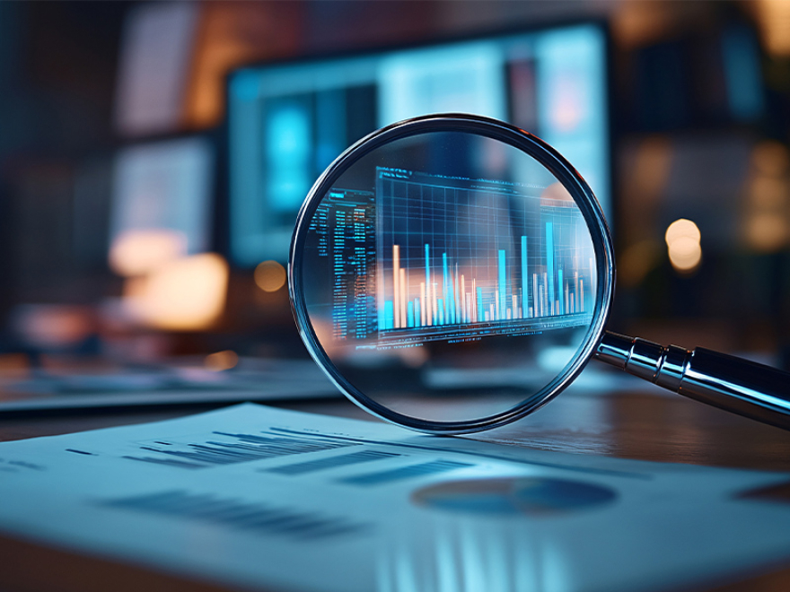 A magnifying glass in front of a screen showing graphs and charts