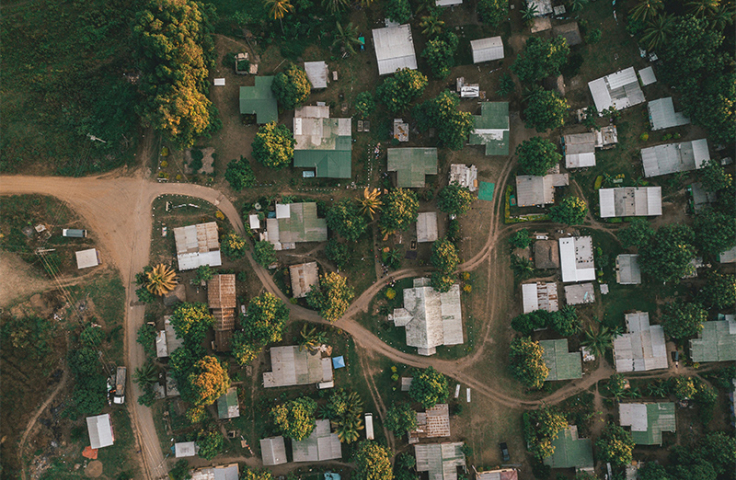 Aerial shot of a village in Fiji